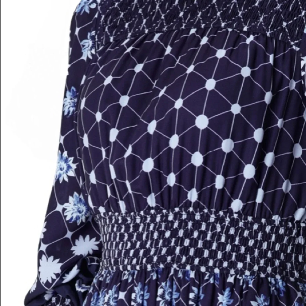 eShakti Floral Geo Print Crepe Smocked Dress - Picture 2 of 5